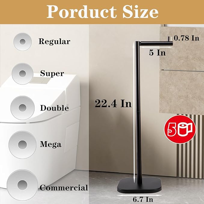 Toilet Paper Holder Stand, Free Standing Tissue Paper Storage for Bathroom, Stainless Steel Toilet Paper Stand with Reserve for 5 Roll Weighted Base Bathroom Toilet Roll Holder(Matte Black)