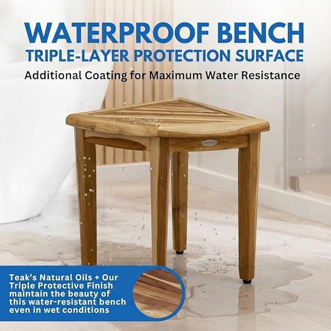EcoDecors SnazzyCorner Waterproof Teak Wood Shower Bench Stool Seat Chair For Inside Shower Provides Safety, Storage, and Organization For Bathroom Accessories