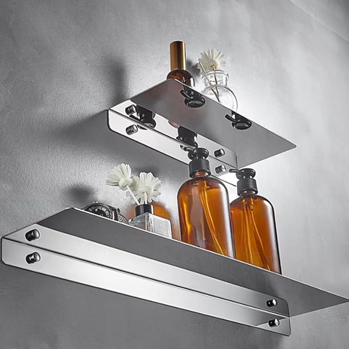 12Inch Stainless Steel Wall Mounted Floating Shelf Drilling or Shelf Adhesive Modern Room Decor Wall Shelf Floating Shelf for Bathroom Bedroom Decor