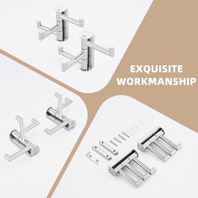 Suyar Swivel Towel Hook Polished Chrome, SUS 304 Stainless Steel Robe Holder for Bathroom with 3 Arms, 2 Pack