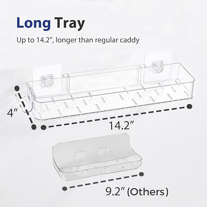 2 Pack Acrylic Shower Shelves, Clear Bathroom Tray with Hooks, Adhesive Wall Mount Shower Caddy Organizer for Bathroom Kitchen Storage