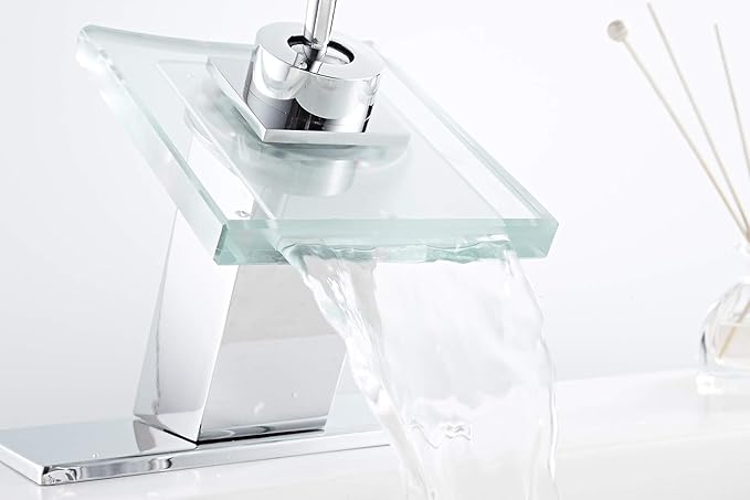 Bathroom Sink Faucet Waterfall Glass Spout Single Handle Chrome Bathroom Faucet One Hole Modern Lavatory Vanity Basin Sink Mixer Tap with Hole Cover Plate Deck Mount