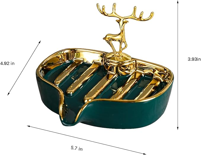 Soap Dish, Luxurious Ceramic Soap Dish Self Draining Soap Holder Tray Easy Cleaning Soap Saver for Shower Bathroom Kitchen Sink Bathtub Hotel Travel(Green Painted in Gold)