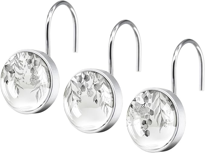 12 Pcs Black Eucalyptus Shower Curtain Hooks - Decorative Shower Curtain Hooks Rings Set - Stainless Steel Round Resin Shower Rings Hangers for Summer Bathroom Home Bath Room Rods Decor