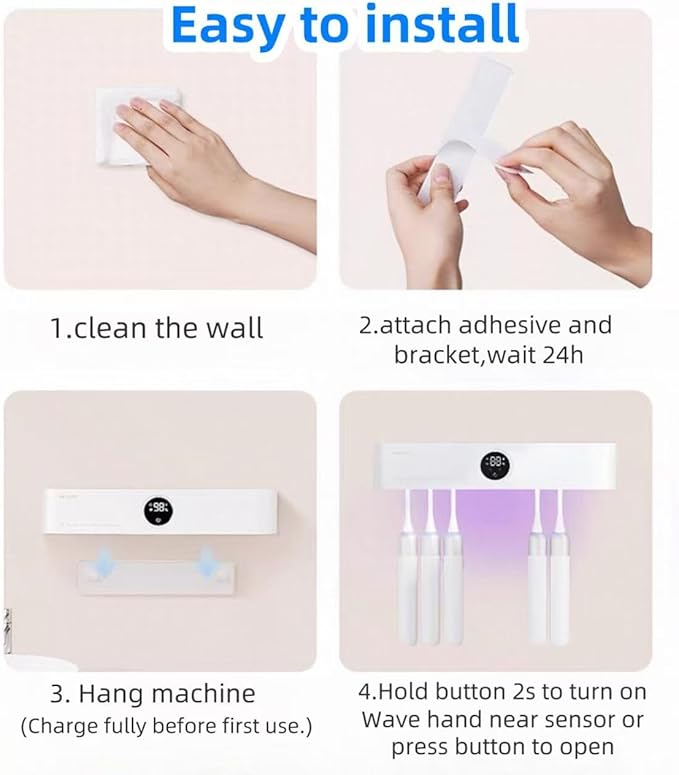 Toothbrush Holder Cleaner with Fan Drying Wall Mounted Razor Holder& Timer Function,5 Toothbrush Slots, Rechargeable Bathroom Accessor,LED Smart Screen for Home,Family Use,No Drilling