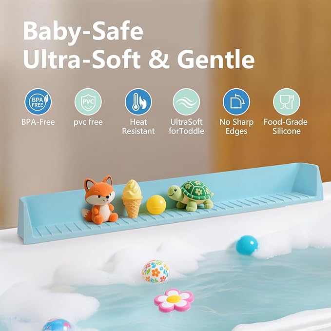2.6-Ft Bathtub Splash Guard for Tub Kids, Silicone Splash Shield with 11 Suction Cups, Toy Tray Shelf, No Spill Water Barrier, Prevents Mess, Fun Bathtime for Toddlers Baby–Blue