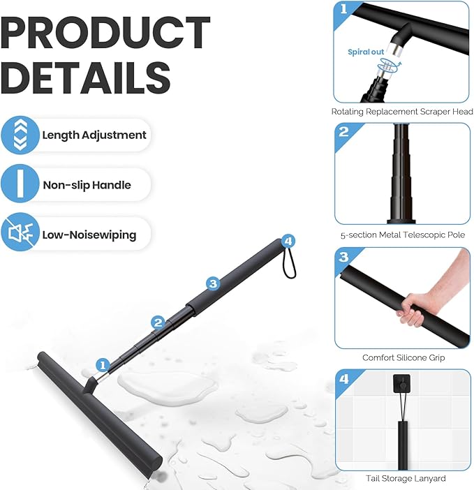 Squeegee Shower Doors, Shower Squeegee for Glass Doors, Window Squeegee, Squeegee Window Cleaning, Window Cleaner Tool with 47'' Extension Pole for Car Windshield, Glass Doors (Black)