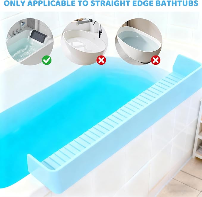 Bathtub Splash Guard for Tub Kids, Longer Silicone Water Splash Guard for Bathtub, Toy Holder Play Shelf for Bathtime，Silicone Tub Splash Guard Prevent Water Spills in Bathroom (Blue)