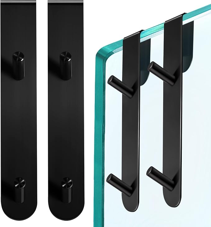 Over The Shower Door Hooks,2 Pack Removeable Double Bathroom Shower Hanger for Frameless Glass Door Hanging Bathrobe Towel,Extended Black Stainless Steel Heavy Duty Drill Free Holder 7.1 Inch 12mm