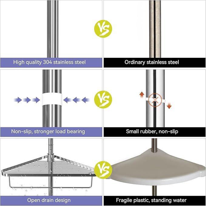 Corner Shower Caddy Tension Pole 59-110 in 4 Tier Rustproof Floor to Ceiling Shower Caddy - Stainless Steel Corner Caddy Shelf for Bathroom Bathtub, Shelves Tension Pole with 3 Towel Bars and 3 Hooks