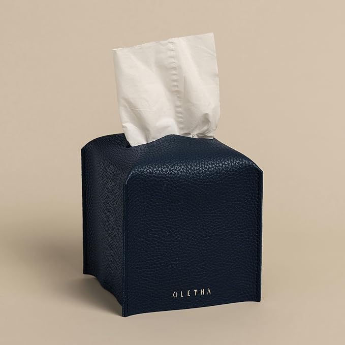 OLETHA Square Tissue Box Cover - Aesthetic Desk Decor for Room, Home & Office - Tissues Cube Boxes Holder - Navy Blue, Set of 2