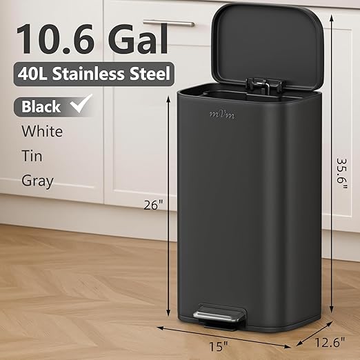 mVm 10.6 Gal Kitchen Trash Can, Step Trash Can with Lid, Smooth Edge Garbage Bin for Home Office (Black)