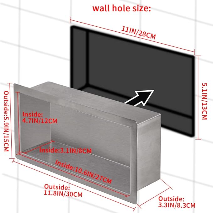 12"×6" Shower Niche Brushed Stainless Steel, Recessed Shower Caddy, Bathroom Shelf Insert Fits for 11"x5.1" Wall Hole Installation (Nickel)