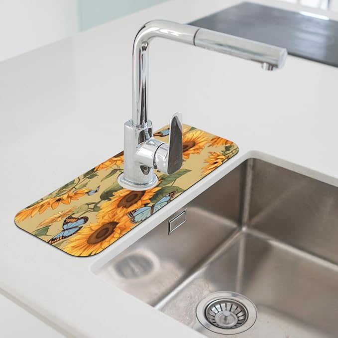 Sunflower Butterfly Pattern Kitchen Faucet Mat Splash Guard, 15.4”x5.7” Absorbent Quick Drying Sink Mat for Countertop Protection, Draining Mat Sink Protectors For Kitchen Bathroom, 1 Pack
