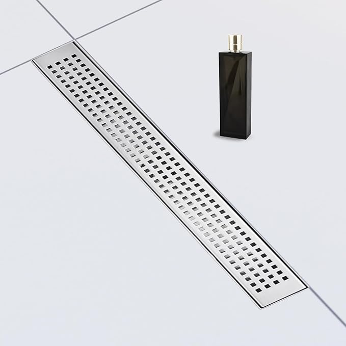 12 Inch Removable Cover Linear Shower Drain 304 Stainless Steel Rectangular Floor Drain for Kitchen Bathroom Square Hole Pattern Drain with Accessories Hair Strainer Adjustable Leveling Feet (Silver)