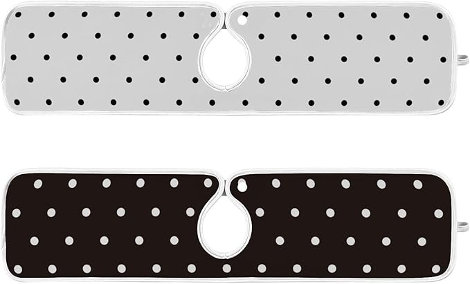 2 PCS Kitchen Sink Splash Guard 23.6 Inch Faucet Mat for Kitchen Sink Bathroom Sink Faucet Absorbing Drip Drain Mat Pad Microfiber Soft Washable Black and White Polka Dot