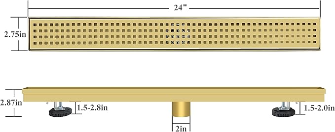 24 Inch Gold Rectangular Shower Drain with Removable Quadrato Pattern Cover Grate Accessories and SUS304 Stainless Steel CUPC Certificate