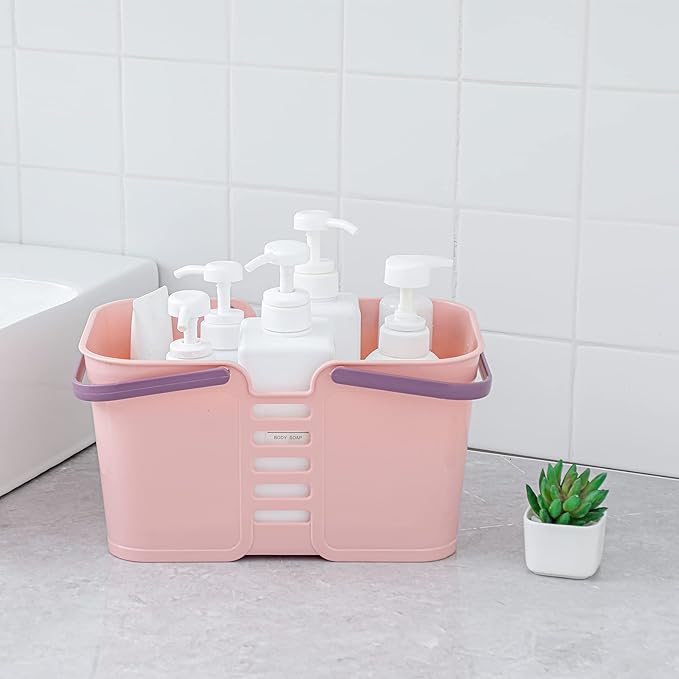 UUJOLY Plastic Storage Baskets with Handles, Storage Bin Shower Caddy Organizer for Bathroom and kitchen, Pink
