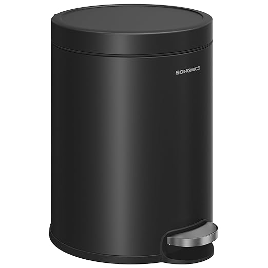 SONGMICS Bathroom Trash Can, 1.6 Gallon (6 L) Small Toilet Garbage Bin with Lid, Soft-Close, Stainless Steel, Pedal, Inner Bucket, Bedroom, Ink Black ULTB016BZ01