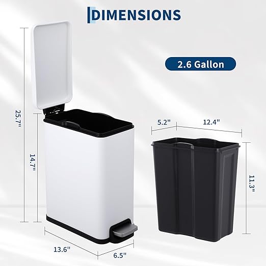 Garvee 12 Gal and 2.6 Gal Stainless Steel Trash Can Combo Set, Slim Garbage Can for Kitchen and Bathroom, Metal Trash Bin with Removable Inner Bucket & Step On Foot Pedal, White
