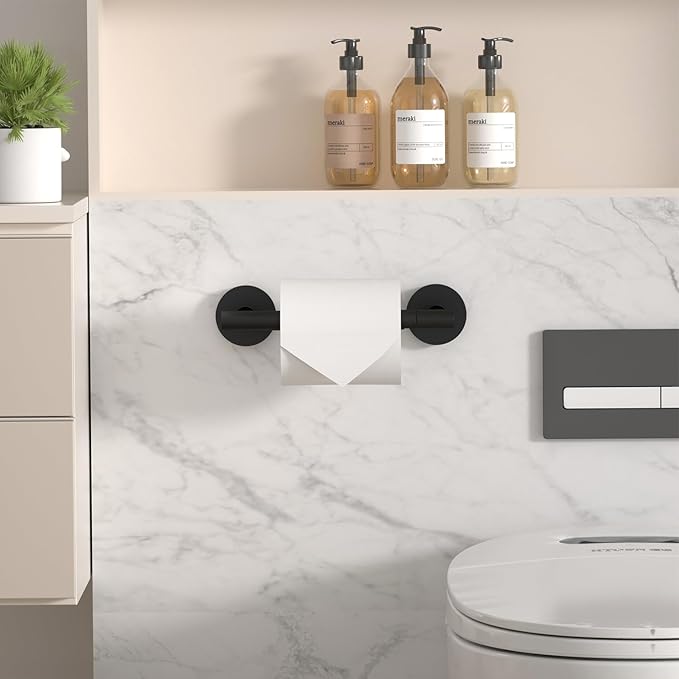 HITSLAM Toilet Paper Holder Wall Mount Matte Black, Double Post Pivoting Toilet Paper Roll Holder, SS304 Stainless Steel Bathroom Toilet Tissue Holder