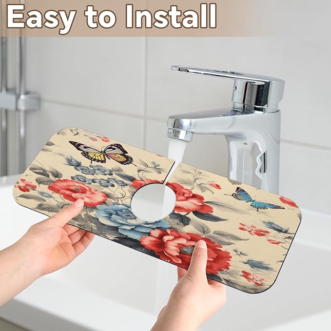Vintage Floral Butterfly Kitchen Faucet Mat Splash Guard, 15.4”x5.7” Absorbent Quick Drying Sink Mat for Countertop Protection, Draining Mat Sink Protectors For Kitchen Bathroom, 1 Pack