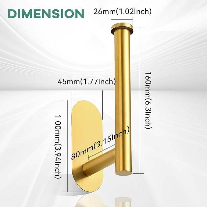 2 Pack Gold Toilet Paper Holder Self Adhesive no Drilling Wall Mount SUS304 Stainless Steel Rustproof Toilet Roll Holder for Bathroom, Washroom