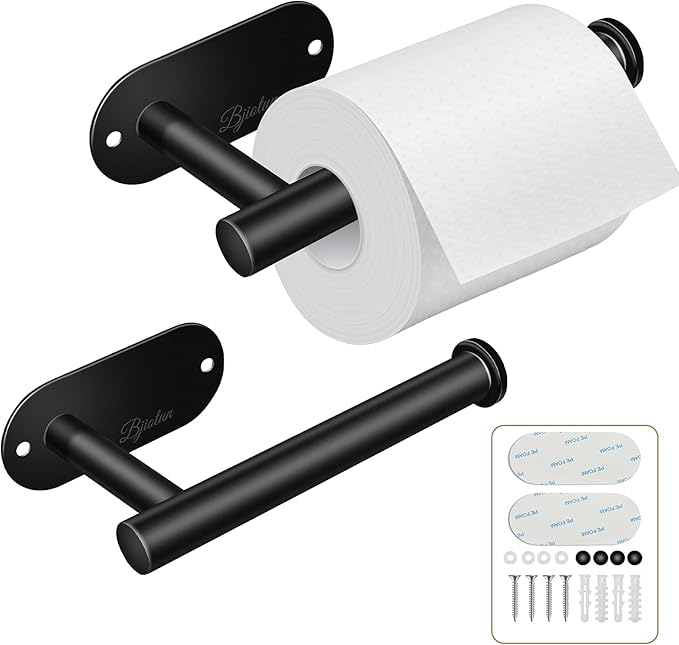 2 Pack Toilet Paper Holder - Bjiotun Black Toilet Paper Holder Wall Mount for Bathroom Storage, Stainless Steel Paper Towel Holder - Strong Adhesion & Screws