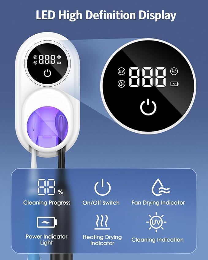 Toothbrush Sanitizer Holder, Upgraded UV Toothbrush Holder with Dual-Mode Clean & Fan Dry, LED Smart Screen, Auto-Inductive Cover, Toothbrush Wall Mounted Cleaner Organizer for Bathroom, Trip