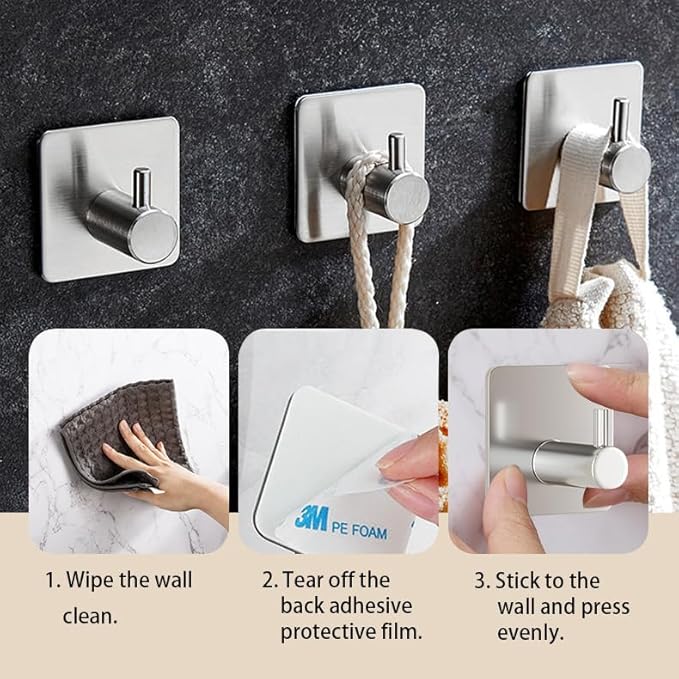 Miliocry 6 Packs Bathroom Towel Hooks, Adhesive Hooks Heavy Duty Wall Hook, Waterproof Stainless Steel Towel Hanger Robe Hat Coat Holder, Wall Mount Hooks for Bathroom,Bedroom,Kitchen(Silver-Square)