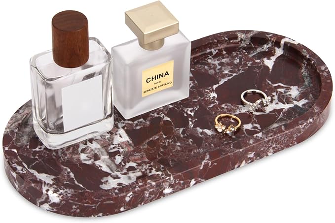 Oval Marble Bathroom Vanity Tray, Natural Luxury Marble Home Kitchen Bathroom Table Tray, Stone Decorative Countertop Serving Trays for Coffee Perfume Jewelry Makeup(Rosso Lepanto, 10 * 5 * 0.6)