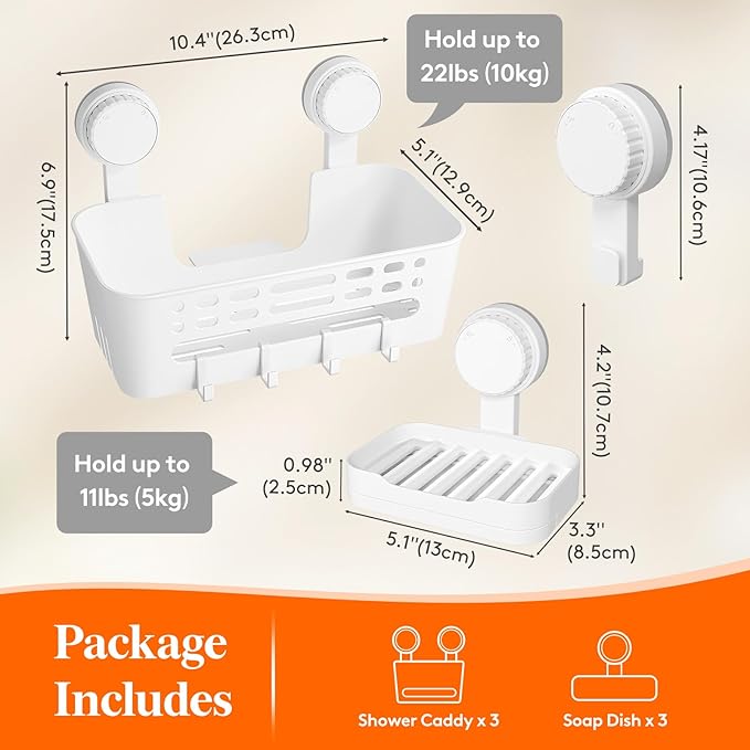 Lifewit Suction Cup Shower Caddy + Soap Dish, Removable Large Basket and Bar Soap Holder for Inside Shower, NO-Drilling Bathroom Kitchen Organizers, 26 x 17 x 14 cm/10 x 5 x 7 inch, Set of 3