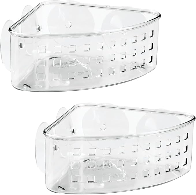 iDesign Plastic Suction Cup Corner Shower Basket for Bathroom Storage, Set of 2, Clear, Made in USA