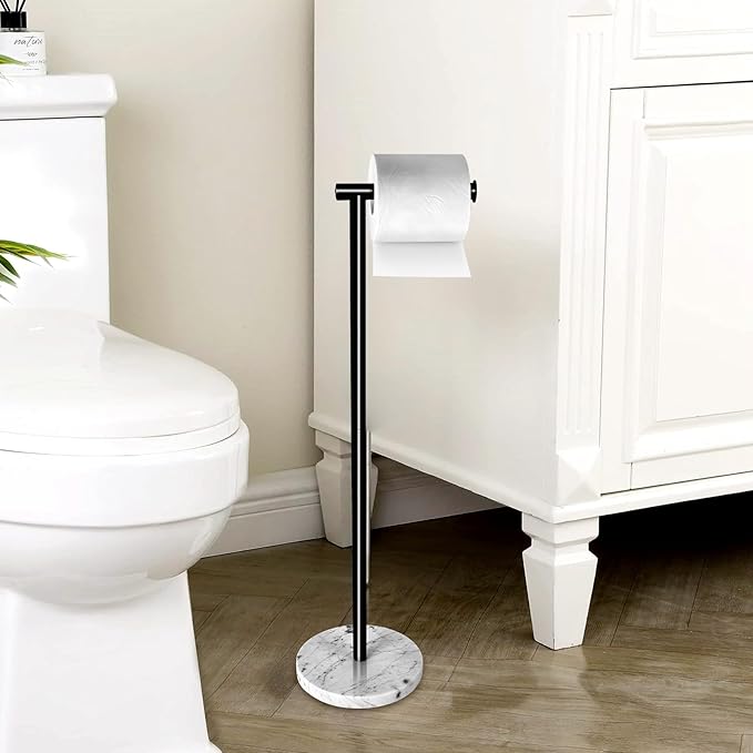 Toilet Paper Holder Stand with Weighted Natural Marble Base, Bathroom Free Standing Toilet Paper Roll Holder with Reserve, Standing Toilet Tissue Holder with Storage (Black, Basic Model)