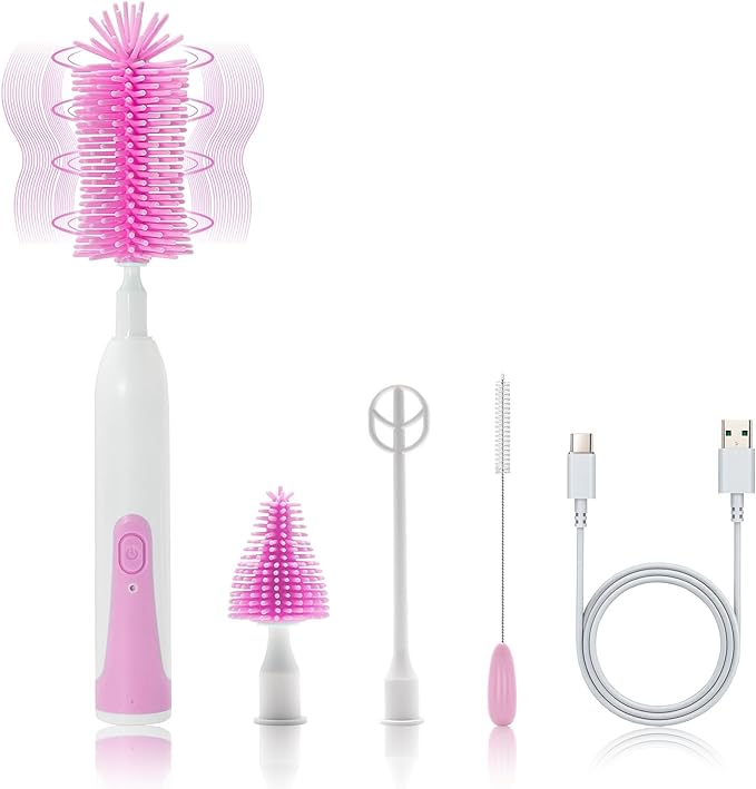 Electric Cleaning Brush with Bottle Brush & Milk Mixer, Rechargeable Electric Bottle Brush with 2 Speed Mode,Powerful Waterproof Bottle Cleaner Brush,A Must Have for Daily Life (Plum)