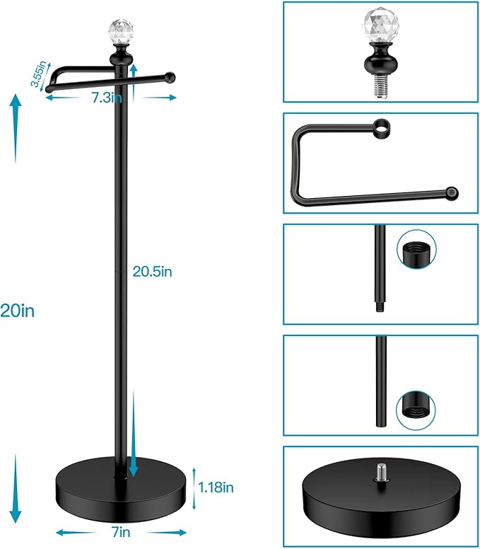 Paper Holder Stand for Floor-Free Standing Toilet Paper Holder Stand for Bathroom Total Height 24.4" with Crystal Ball, Matte Black Finished