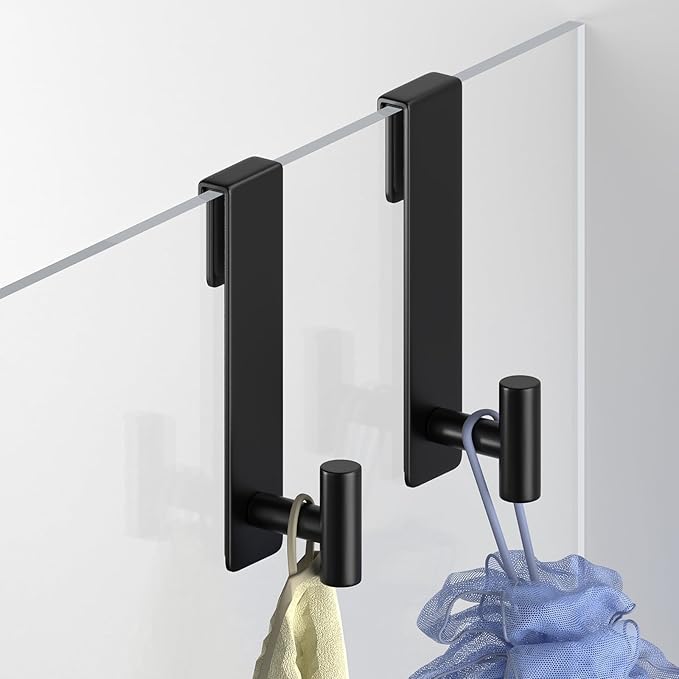 Shower Door Hooks, Heavy Duty Rack Hooks for Robe, Stainless Steel Towel Hooks for Bathroom, Fits Frameless Glass Shower Doors up to 3/8" (10mm) Thick (Black, 2 Pack)