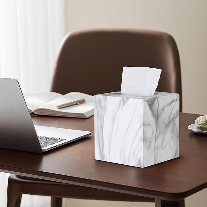 Metal Square Tissue Box lid, Modern Facial Tissue Holder for Bathroom Vanity Tops, Bedroom Dressers, Nightstands, Desks, Offices (Marble White)