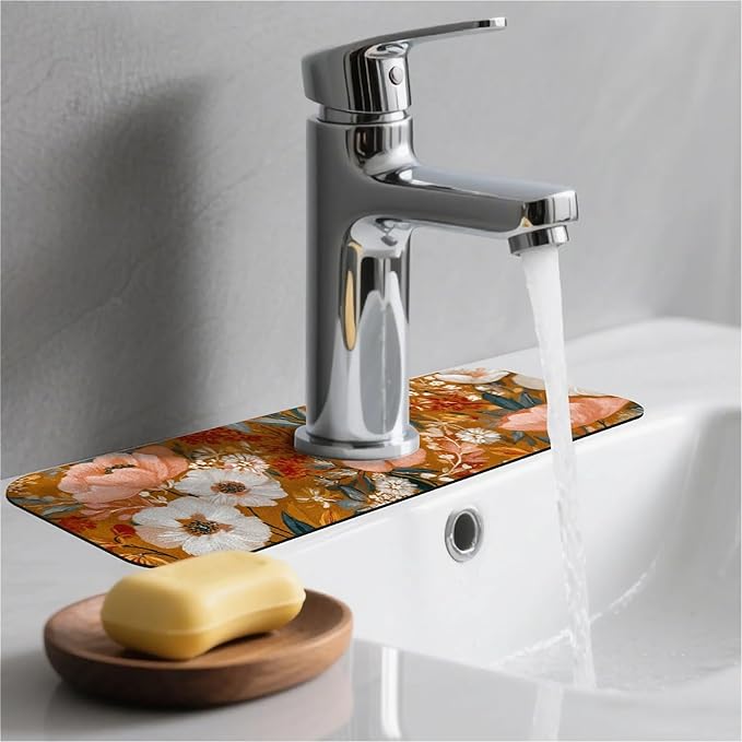 Kitchen Sink Splash Guard，Soft hues floral Faucet Mat Sink Gadgets-Super Absorbent Fast Drying Mat Drip Catcher for Kitchen, Bathroom,Sink Mat, Dish Drying Mat, Bathroom(15" X 5.5" )
