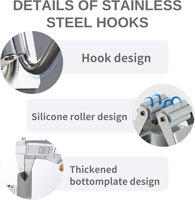 Mop and Broom Holder Wall Mount,Broom Holder Wall Mount,4 Pack Stainless Steel Broom Holders,with Strong Grip, Nail-Free Glue Installation,for Bathroom, Laundry,Office