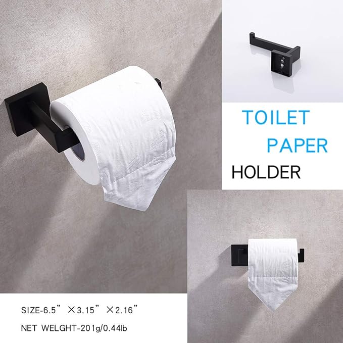 TASTOS 5-Pieces Matte Black Bathroom Hardware Set, Premium Stainless Steel Square Wall Mounted-Includes 23.6 Inch Towel Bar, Toilet Paper TP Holder, 9 Inch Towel Holder, 2 Robe Towel Hooks