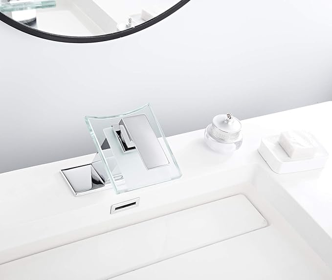 Chrome Bathroom Faucet Waterfall Glass Spout Single Handle Bathroom Sink Faucet One Hole Lavatory Basin Sink Mixer Tap Modern Deck Mount Plumbing Fixtures Unique Designer