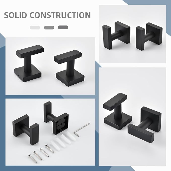 Angle Simple Matte Black Towel Hooks, SUS 304 Stainless Steel Bathroom Wall Hooks for Towel, Robe Coat Holder, 4 Pack