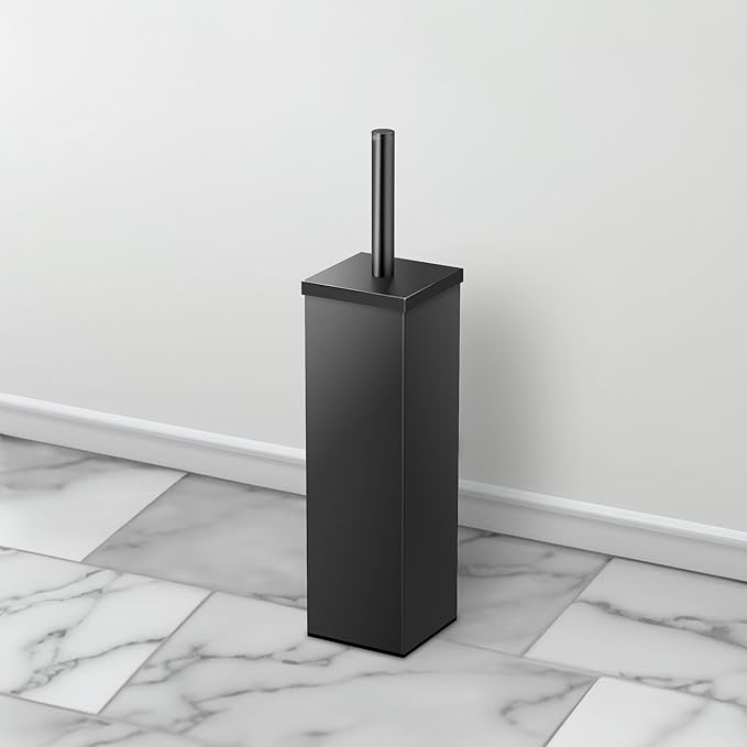 Gatco Modern Square Waste Basket and Toilet Brush Set, Matte Black - Stainless Steel Trash Can with Removable Lid, Leakproof, 3 Gallon Capacity for Bathroom, Bedroom, Kitchen, or Office
