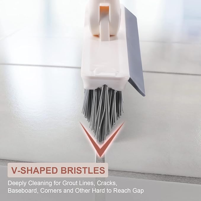 Grout Brush with Long Handle, 2 in 1 Floor Scrub Brush with Squeegee, Shower Scrubber Cleaner Swivel Stiff Bristle for Cleaning Baseboards Tile Floors Bathroom Wall