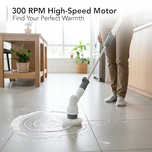 OVENTE Electric Spin Scrubber, Cordless Power Scrubber with 3 Brush Head, Adjustable Extension Handle, Waterproof Perfect for Cleaning Toilet, Shower, Bathroom Tub and Tile Floor, White CTB123WGY