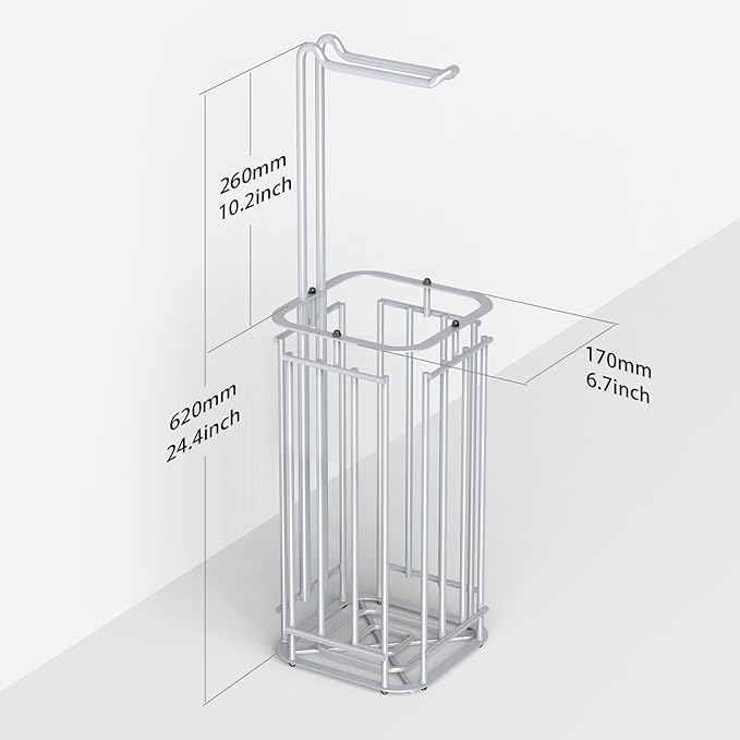 Meangood Toilet Paper Holder Stand, Square Tissue Paper Roll Dispenser for 4 Mega Rolls, Bathroom Free Standing Tissue Roll Storage Holder Rack (Silver)