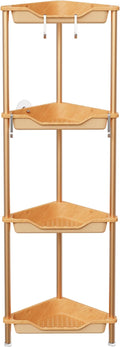 Orimade Rustproof 4 Tier Floor Standing Corner Shower Caddy Organizer, Plastic Aluminum Splicing Floor Corner Shelf Rack Storage Stands for Bathroom, Wood Grain Surface