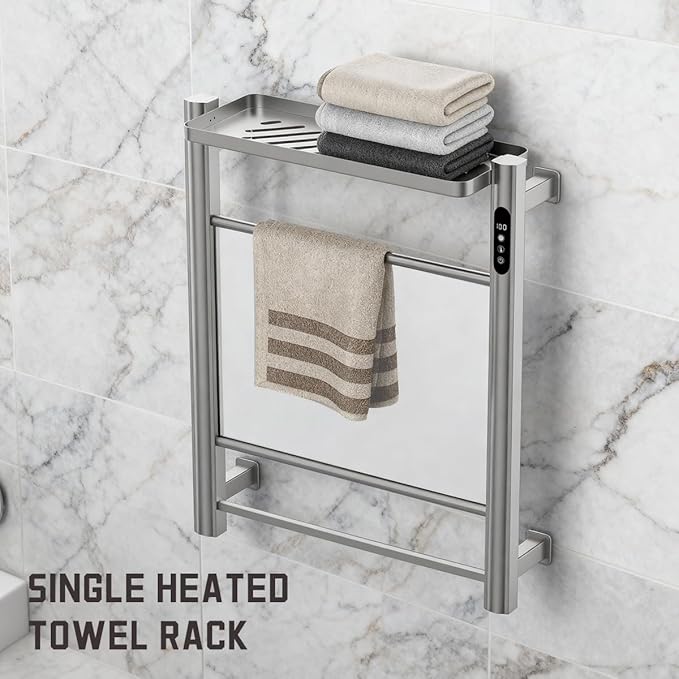 Electric Heated Towel Rack, Wall Mounted Glass Towel Warmer for Bathroom, Fast Heating Grey Towel Dryer, Energy Saving Home Spa Heater with Overheat Protection 130W