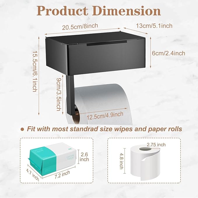 Toilet Paper Holder with Shelf - SUS304 Stainless Steel Toilet Paper Storage with Wipes Dispenser & Toilet Paper Roll Holder Wall Mount for Bathroom Storage, No Drill to Install - Matte Black